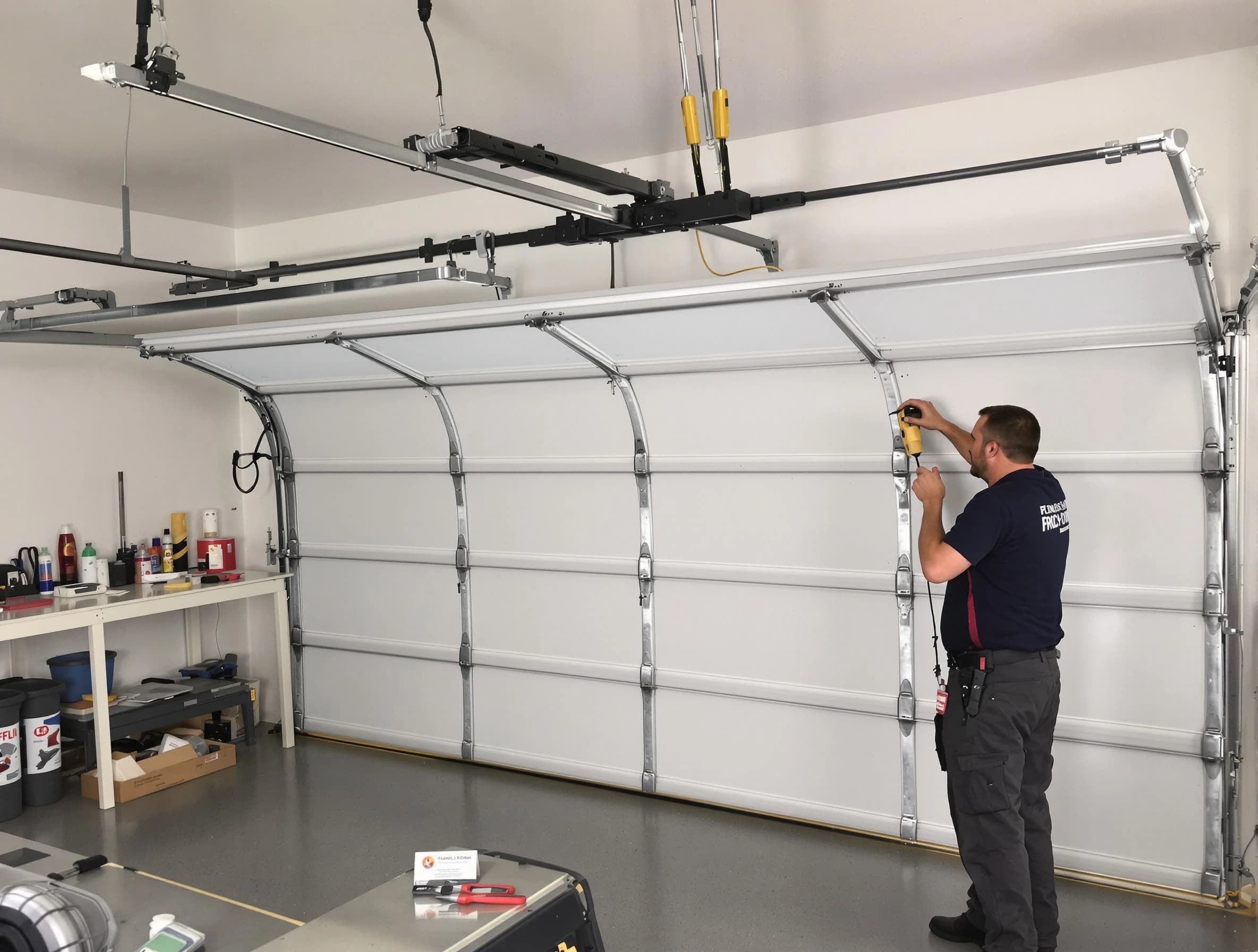 Marietta Garage Door Repair certified technician performing overhead door system repair in Marietta