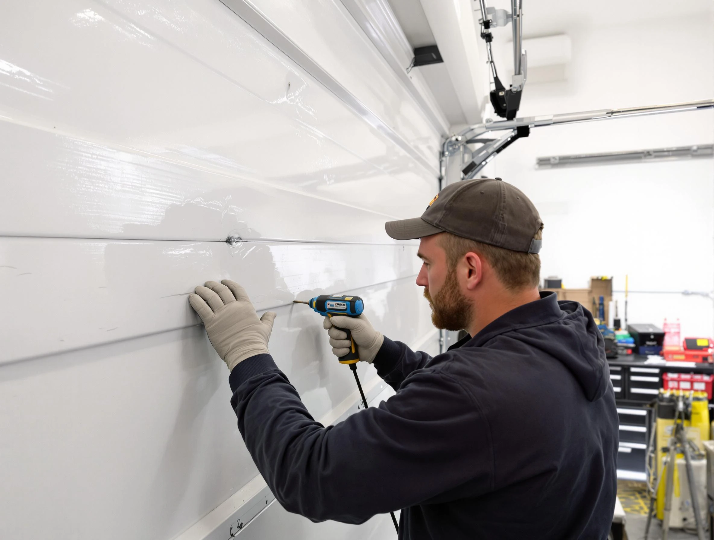 Marietta Garage Door Repair technician demonstrating precision dent removal techniques on a Marietta garage door